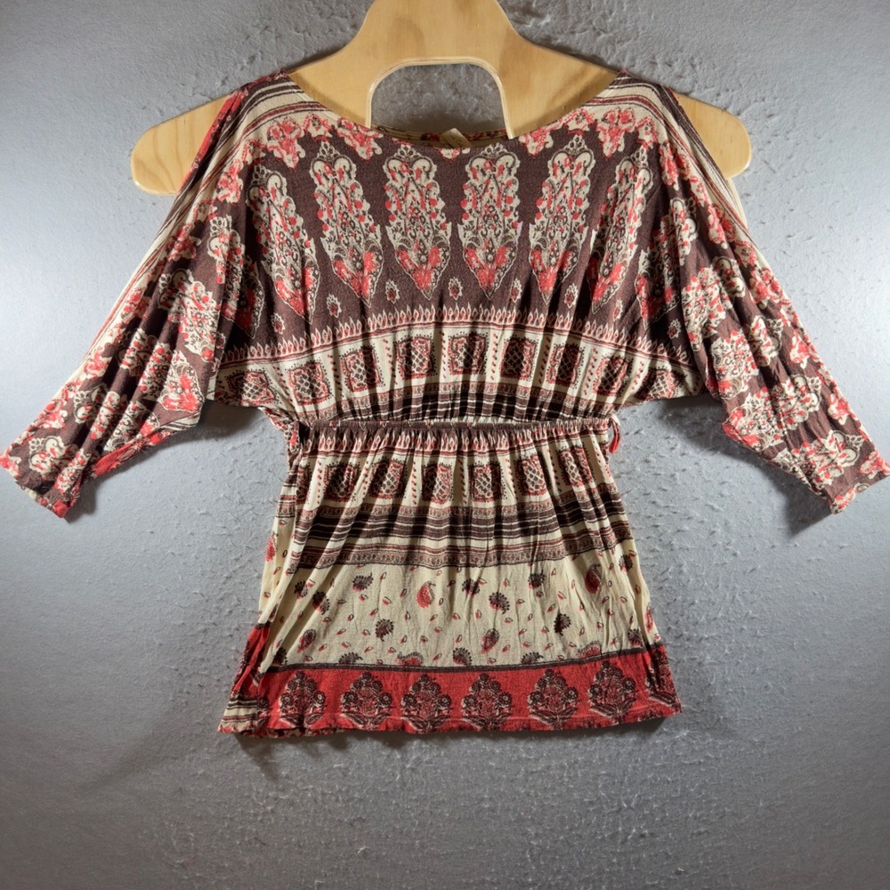 1637 | Boho‎ Hippie Paisley Cold Shoulder Lightweight Peasant Blouse Red Brown M